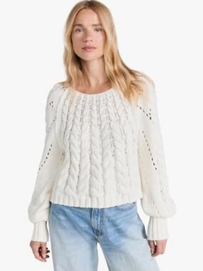 Free People Sandre Knit Pullover Cable Knit SZ Small White